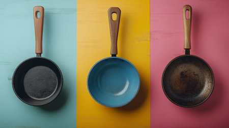 Three colorful frying pans against a vibrant tri-colored background showing simplicity and functionality.の素材