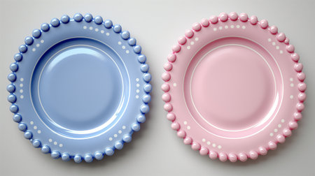 Two elegant plates, one pink and one blue, are adorned with decorative beads and dots, presenting a charming and symmetrical composition.の素材