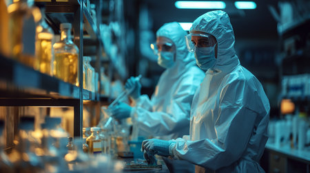 Two forensic scientists in protective gear meticulously examine evidence in a high-tech laboratory setting.の素材