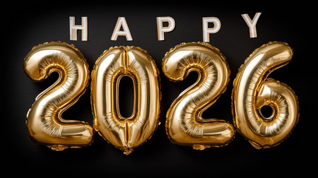 Shiny gold balloons spell out 'Happy 2026' against a dark backdrop, perfect for New Year celebrations.の素材
