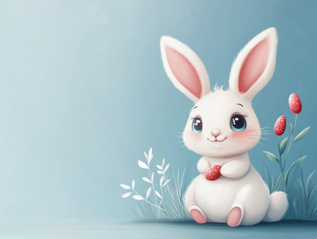 A cute, fluffy white bunny holding a colorful egg, surrounded by flowers. Perfect for Easter and spring-themed projects.の素材
