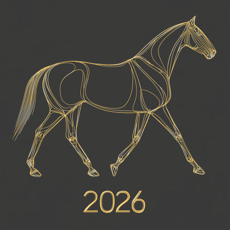 A sleek gold line drawing of a horse, symbolizing strength and grace for the year 2026.の素材
