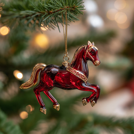 A stunning red glass horse ornament hanging from a Christmas tree, adding a touch of elegance to holiday decor.の素材