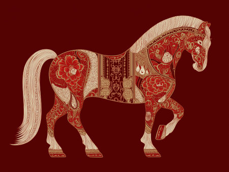 A beautifully decorated horse silhouette adorned with intricate floral patterns in rich reds and golds.の素材