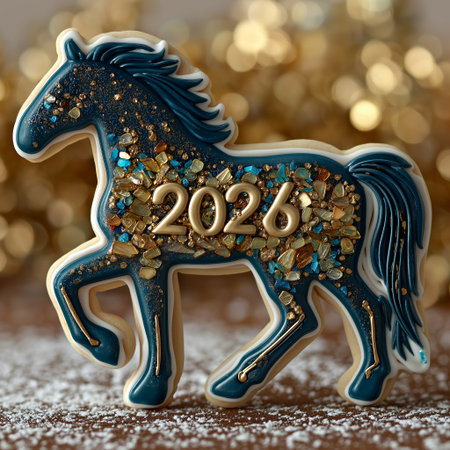 A beautifully decorated horse-shaped cookie featuring 2026 and sparkling gemstones, perfect for celebrations.の素材