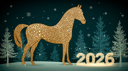 A glittering horse silhouette stands against a snowy backdrop, celebrating the arrival of 2026 with festive cheer.の素材