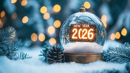 Celebrate the arrival of 2026 with a festive snow globe, adorned with pine cones and a wintery backdrop.の素材