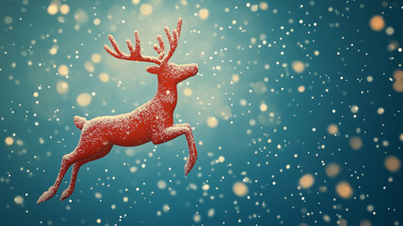 A vibrant red reindeer leaps joyfully amidst soft snowflakes, embodying the spirit of the holiday season.の素材