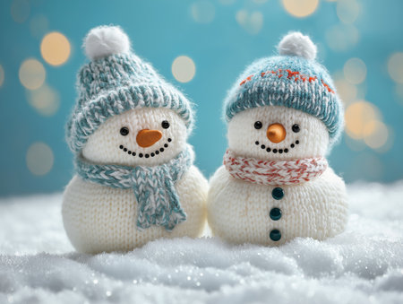 Adorable knitted snowmen with cheerful expressions in a snowy backdrop, perfect for holiday themes.の素材