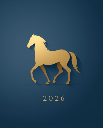 A sleek golden silhouette of a horse against a deep blue background, symbolizing elegance and prosperity for the year 2026.の素材