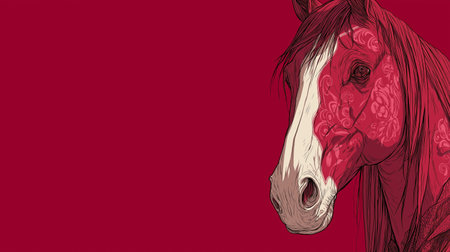 A striking illustration of a horse with intricate designs on a bold red background, showing artistic flair and beauty.の素材