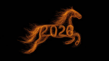 A dynamic representation of a horse made from vibrant orange flames, symbolizing speed and energy for 2028.の素材