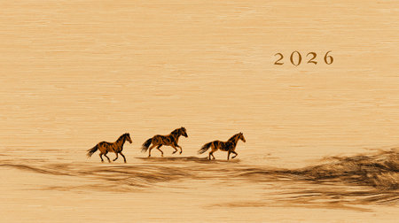 Three horses stride across a textured background, symbolizing movement and the dawn of 2026.の素材