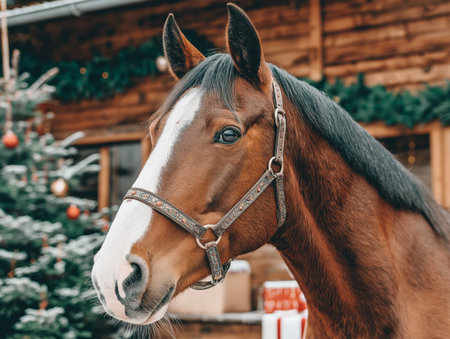 A stunning close-up of a horse adorned with a festive backdrop, perfect for seasonal themes.の素材