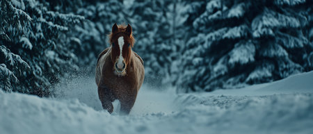 A stunning chestnut horse runs gracefully through a snowy forest, showing the beauty of winter's tranquility.の素材