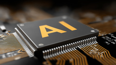 A close-up of a microchip featuring 'AI' prominently, symbolizing advancements in artificial intelligence and technology.の素材