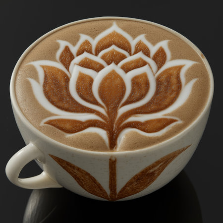 A beautifully crafted latte featuring intricate floral art, showcasing creativity in coffee presentation.の素材