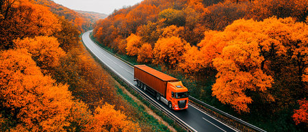 A vibrant orange truck drives through a stunning fall landscape, surrounded by colorful autumn foliage along a winding road.の素材