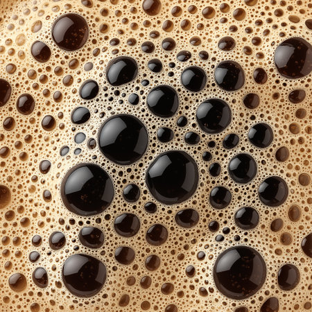 Close-up of rich coffee foam showing intricate bubbles and textures, perfect for coffee lovers and beverage enthusiasts.の素材