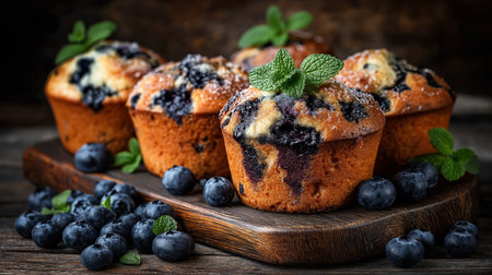 Indulge in these fresh blueberry muffins, perfectly baked and garnished with mint for a delightful treat.の素材
