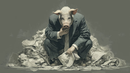 A surreal depiction of a pig in a suit, symbolizing corporate greed amidst a mountain of paperwork.の素材