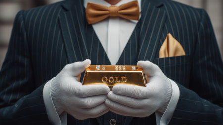 A dapper individual in a pinstripe suit holds a gold bar, symbolizing luxury and success.の素材
