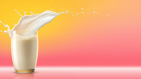 A dynamic splash of milk from a glass against a vibrant gradient background, perfect for food and beverage themes.の素材