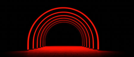 A striking red archway illuminated against a dark backdrop, creating a bold visual statement.の素材