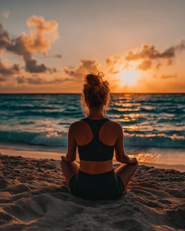 Professional stock photo of Outdoor yoga on beach at sunrise peaceful environment with oc c ceab ca ab bc topaz upscale xの素材