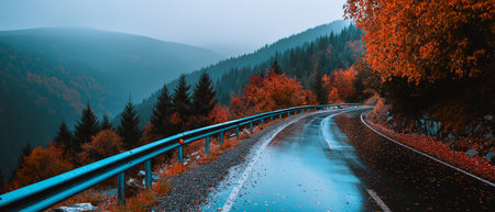 A winding road surrounded by vibrant fall foliage under a misty sky, capturing the essence of autumn tranquility.の素材