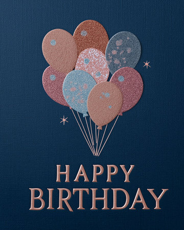 A festive design featuring glittery balloons and a cheerful 'Happy Birthday' message on a deep blue background.の素材