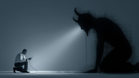 A man faces his inner demons as a dark shadow looms, symbolizing internal conflict and struggles against temptation.の素材