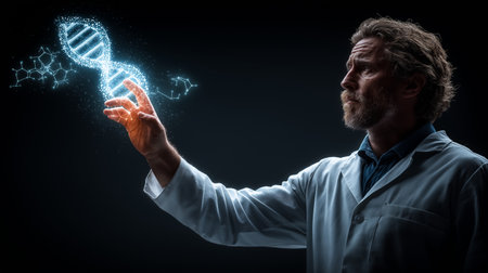 Scientist in lab coat holding glowing DNA molecule on dark background. Research and development conceptの素材