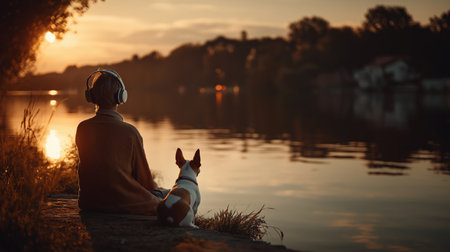 A person relaxes by the water with headphones, enjoying a sunset alongside a loyal dog, capturing tranquility and companionship.の素材