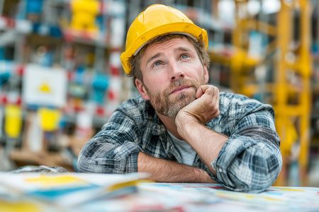 A middle-aged construction worker in a yellow hard hat and plaid shirt gazes thoughtfully upwards, leaning on a desk covered in colorful blueprints. The blurred background suggests a busy construction site with scaffolding and materials, indicating an indoor setting with vibrant, industrial lighting.の素材
