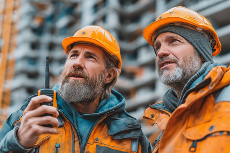 Two construction workers, clad in orange safety gear and helmets, engage in communication using a walkie-talkie. The background features an in-progress building under cloudy skies, indicating a cold, possibly autumn day. The image captures a moment of focused teamwork and coordination on a construction site.の素材