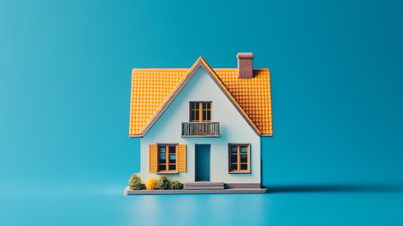 A finely detailed miniature house with orange roof tiles and matching shutters sits against a smooth aqua backdrop. The house features a small balcony, several windows, a neatly trimmed hedge, and is illuminated by soft, even lighting creating a tranquil, inviting atmosphere.の素材