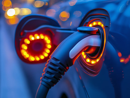 The image captures a close-up view of an electric vehicle being charged at dusk, with a focus on the active charging port illuminated by circular orange LED lights. The cool blue tones of the car contrast with the warm glow of the lights, creating a dynamic interplay of colors. The background features blurred streetlights, suggesting an urban setting and adding depth to the scene.の素材