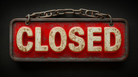 This image features a vintage-style closed sign with large, bold white letters on a distressed red background, framed by a rugged metal border. The sign is suspended by a heavy iron chain, casting soft shadows against the dark background, creating a moody and nostalgic atmosphere.の素材