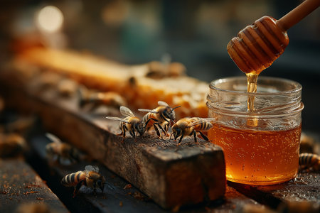 In a close-up scene, a group of bees is perched on a wooden frame beside a honeycomb, as golden honey drips from a dipper into a glass jar. The warm, natural lighting casts soft shadows, highlighting the texture of the honey and the delicate wings of the bees, creating an atmosphere of industrial harmony in a rustic setting.の素材
