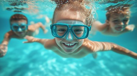 Three children are swimming underwater, with the focus on a smiling child wearing blue goggles. The scene is vibrant, with sunlight creating shimmering patterns on the pool's clear, turquoise water. The image conveys a sense of carefree joy and playful exploration.の素材