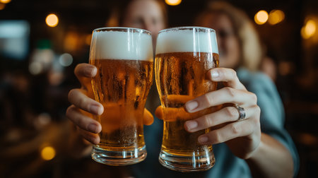 Two individuals clink frosty glasses of amber beer, their hands prominently featured in the foreground. The warm, dim lighting creates a cozy atmosphere, while the background blurs into a soft bokeh, suggesting a lively pub setting. The scene exudes camaraderie and celebration, capturing the essence of a joyful social gathering.の素材