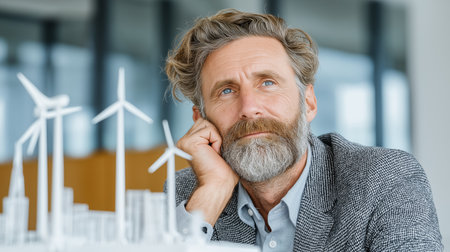 A mature man with a graying beard and thoughtful expression gazes into the distance, resting his head on his hand. He is seated in a modern office setting, with a scale model of wind turbines and buildings in the foreground, suggesting a focus on sustainable architecture. The soft, natural lighting and blurred background create an atmosphere of contemplation and innovation.の素材