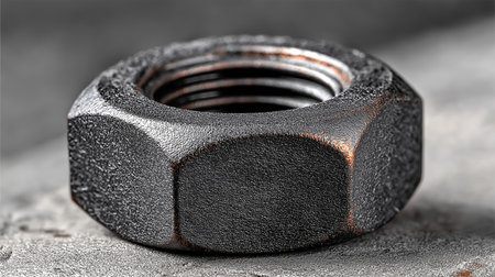 A detailed macro photograph of a weathered metal nut resting on a textured concrete surface. The nut's surface exhibits signs of rust and wear, with intricate threading visible in the center. The lighting is soft, highlighting the nut's rough texture and creating subtle shadows around its edges.の素材