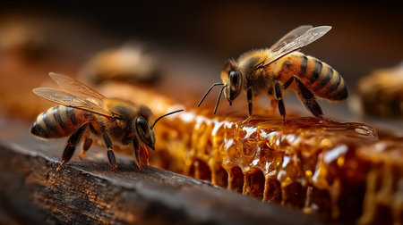 Two honeybees are intensely focused on a section of honeycomb, their translucent wings and fuzzy bodies highlighted by the warm, natural lighting. The honeycomb glistens with golden droplets of honey, emphasizing the rich textures and intricate details of the scene. The shallow depth of field creates a blurred background, drawing attention to the meticulous activity of the bees.の素材