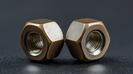 Two rusted hexagonal nuts are positioned closely together on a dark, textured surface, highlighted by soft, studio lighting. The metallic finish of the nuts exhibits a blend of brown rust and silver sheen, creating a contrast against the smooth, blurred background that emphasizes an industrial aesthetic.の素材