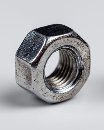 A detailed macro photograph of a single metallic hex nut, showing its well-defined threads and slightly weathered surface. The lighting highlights the nut?s reflective texture against a neutral gray background, emphasizing its industrial character.の素材