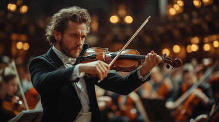 A male violinist in a black tuxedo performs passionately in an opulent concert hall, surrounded by fellow musicians. The warm, golden lighting casts a dramatic glow, enhancing the elegant atmosphere of the evening performance. The background is blurred, highlighting the intensity and concentration of the soloist as he plays his violin.の素材