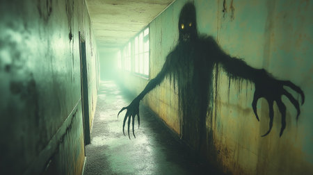 A shadowy figure with glowing yellow eyes and elongated claws looms menacingly in a dim, abandoned hallway. The scene is bathed in a pale green light that sees through grimy windows, casting eerie shadows along the decaying walls. The atmosphere is chilling and suspenseful, evoking a sense of fear and mystery.の素材