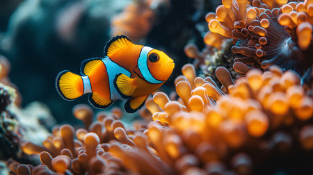 A vivid clownfish glides through the lively, orange-hued tentacles of a sea anemone, set against the blurred backdrop of a coral reef. The contrasting colors of the fish's bright orange body, white stripes, and black outlines create a striking visual against the soft-focus, oceanic environment. The image captures a serene underwater scene, evoking a sense of tranquility and natural beauty.の素材